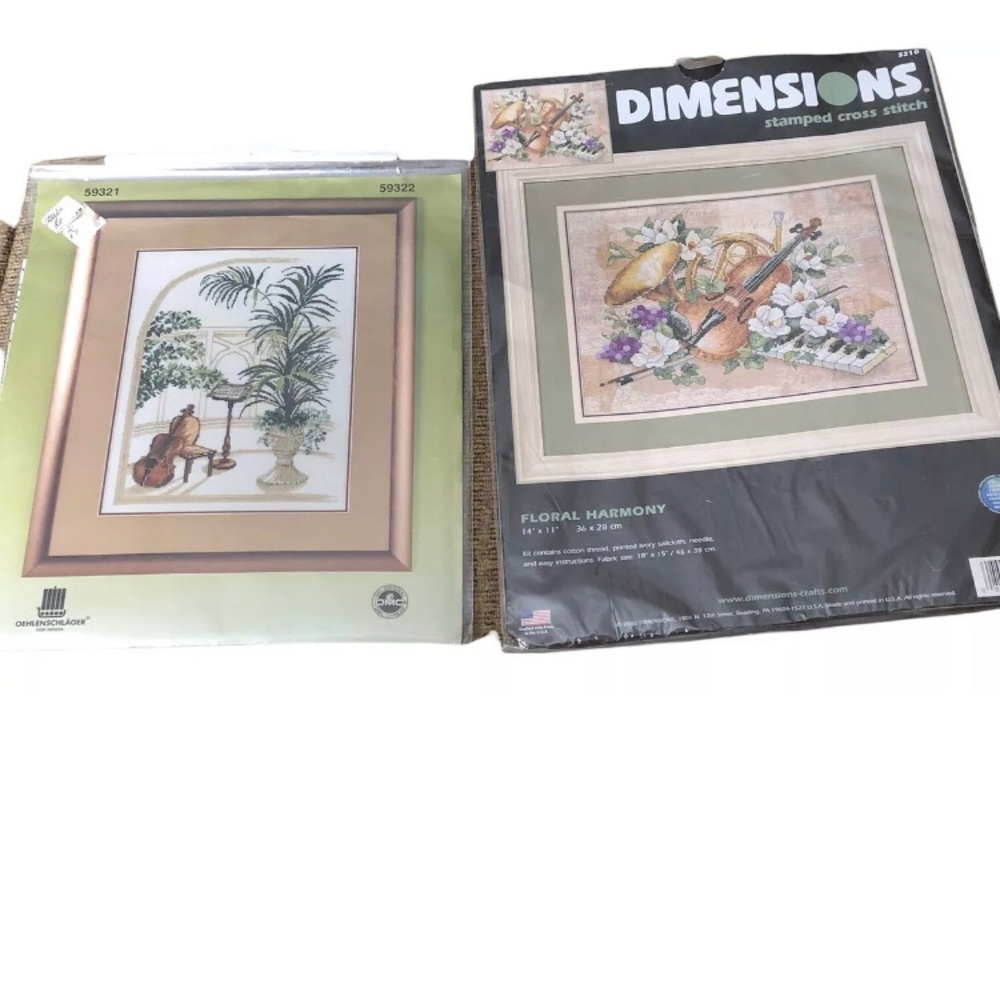 2002 Dimensions Floral Harmony Stamped Cross Stitch Kit #3210 Violin Tuba +